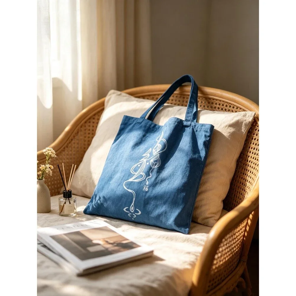 Nüshu Blessing Batik Tote Bag, Natural Indigo Hand Dyed Cotton Bag Chinese Folk
